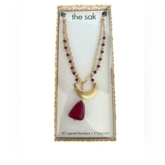 Vintage Unworn The Sak Gold Tone Layered Necklace Crescent Moon Charm Red Beads - Picture 7 of 8